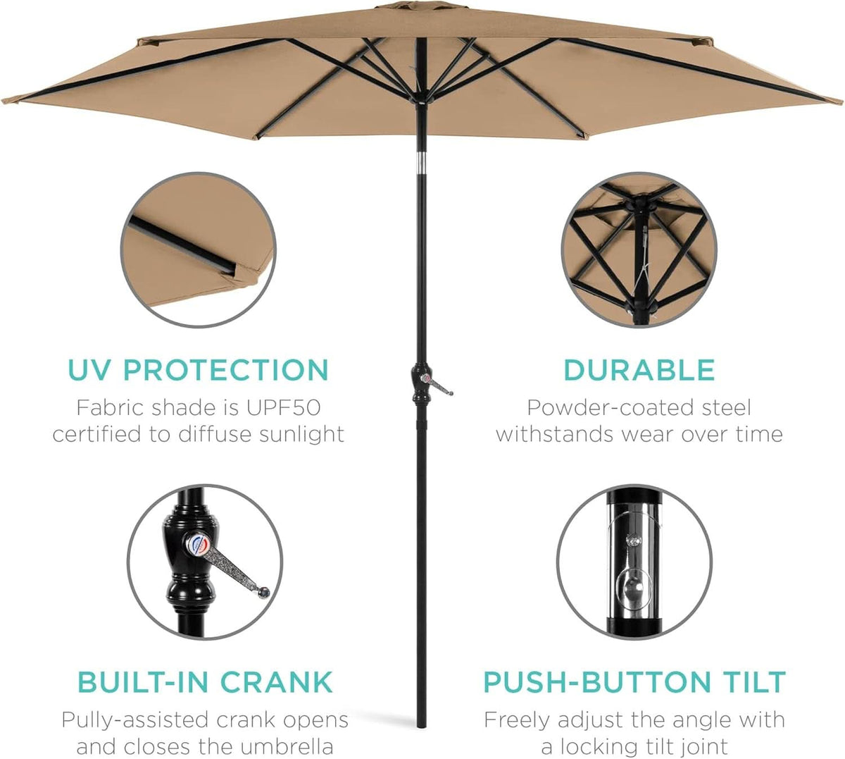 10 Foot Outdoor Steel Polyester Patio Umbrella Tan With Crank Tilt And Table Compatible