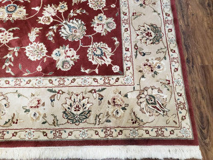 Vintage Traditional Oriental Area Rug, Hand-Knotted, Wool & Silk Accents, Maroon Red and Beige, 6x9 Carpet, 5' 9" x 9'