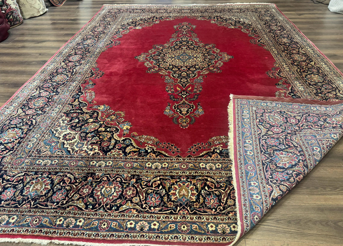 Persian Kashan Rug 9x12, Traditional, Semi Open Field, Red, Signed By Master Weaver, Antique Rug