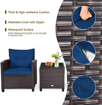 Three Piece Patio Furniture Set With Washable Cushions And Tempered Glass Tabletop Navy Blue