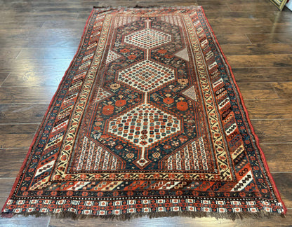 Antique Persian Shiraz Rug 5x8, Khamseh Tribal Wool 1920s Carpet, Navy Blue