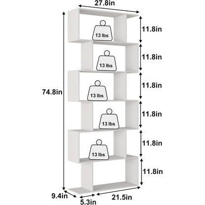 S Shaped Bookshelf White 6 Tier Display Bookcase Office