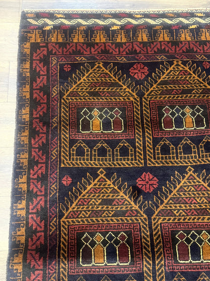Afghan Rug 3x7, Navy Blue, Tribal Rug, Balouch Carpet, New