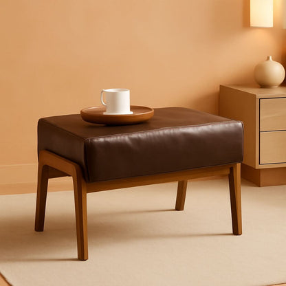Rectangular Leather Ottoman Bench Twenty Four Point Five Inches Walnut