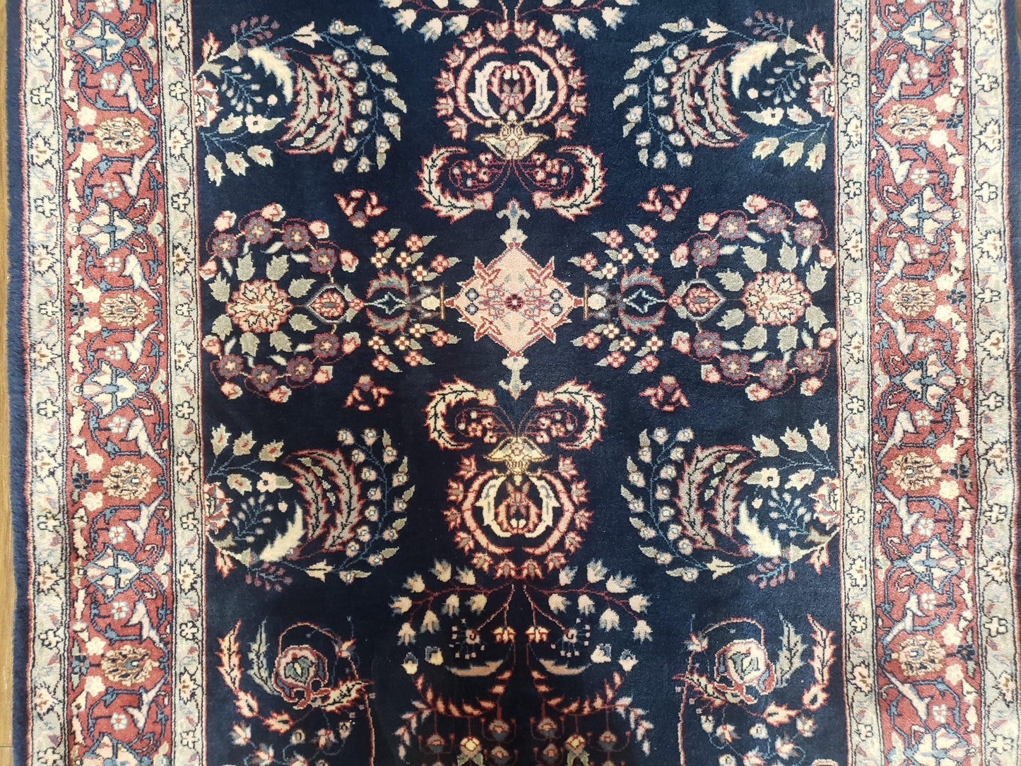 Dark Blue Indo Persian Rug 4x6, Medium Size Hand Knotted Oriental Carpet, Traditional Floral Indian Rug, Blue and Red Entryway Rug, Wool Rug