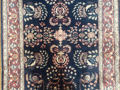 Dark Blue Indo Persian Rug 4x6, Medium Size Hand Knotted Oriental Carpet, Traditional Floral Indian Rug, Blue and Red Entryway Rug, Wool Rug