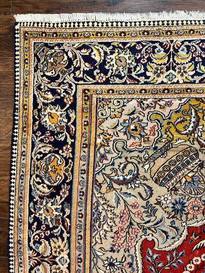 Wonderful Persian Qum Rug 10x14, Wool w/ Silk Highlights, Hand Knotted Semi Antique Vintage Carpet, Red, Floral, Fine Weave, Birds Deer Pictorials