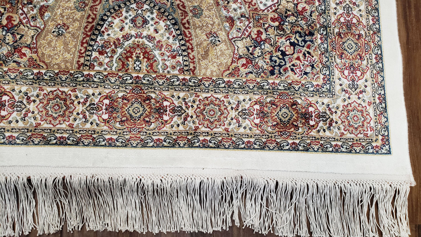 Persian Design Silk Accent Rug, Dome Medallion, Allover Pattern Oriental Carpet, Small Silk Rug, Cream, Ivory, Bamboo Silk, 2' 8" x 4' 1"