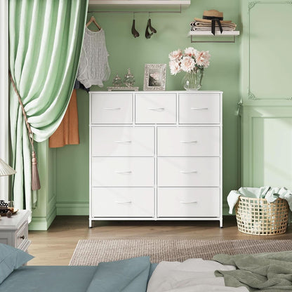 9 Drawer Fabric Dresser White With Steel Frame And Wood Top