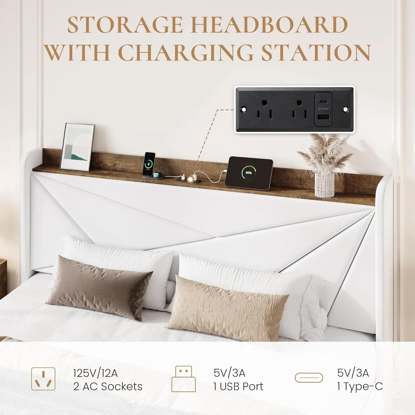 White Velvet Upholstered Bed Frame With USB Type C Ports
