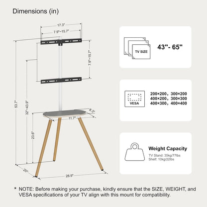 Tripod TV Stand 40-65 Inch White Swivel Wooden Tray