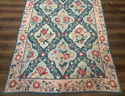 Teal Needlepoint Rug 6x9, Panel Design, Floral Bouquets, Handmade