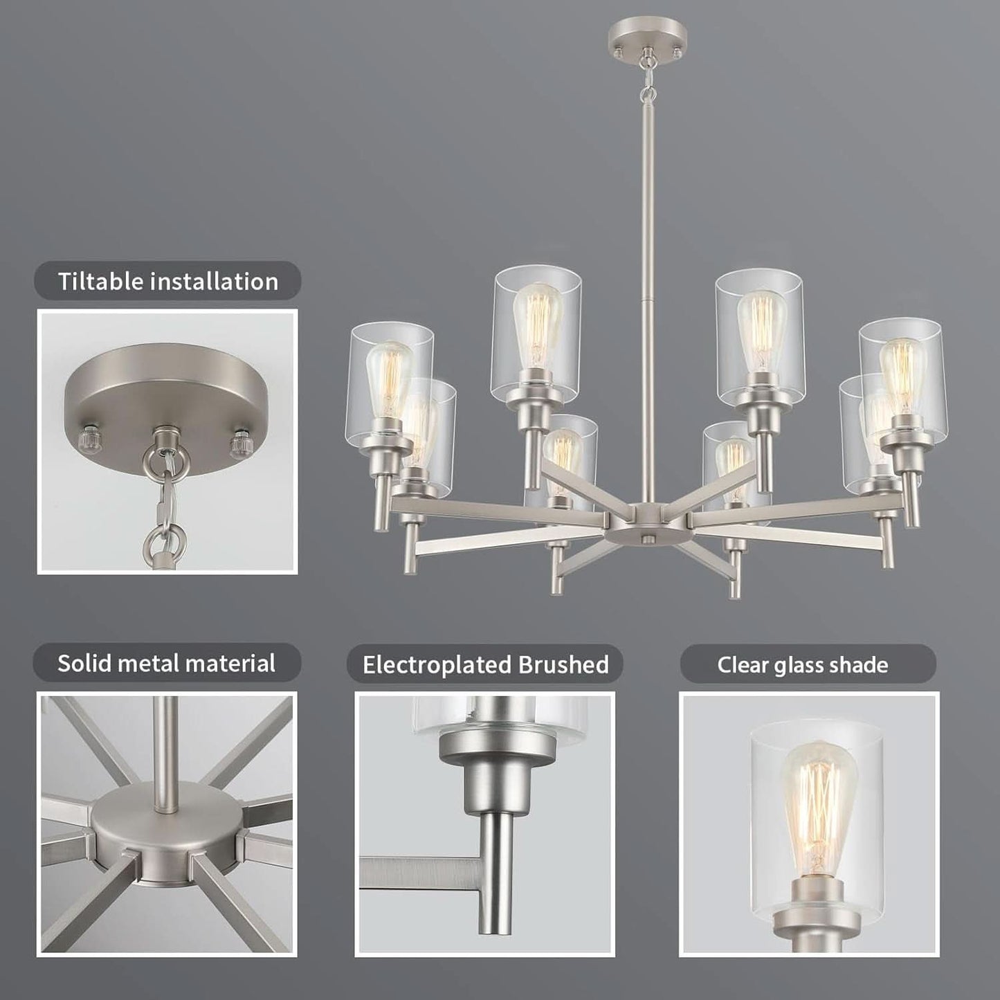 8-Light Brushed Nickel Chandelier For Dining Room Lighting