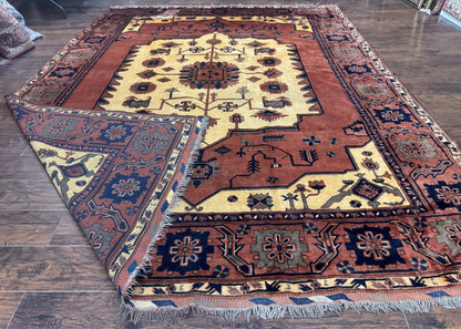 Afghan Heriz Rug 9x12, Tribal Geometric Serapi Carpet, Rust Cream and Navy, Wool on Wool