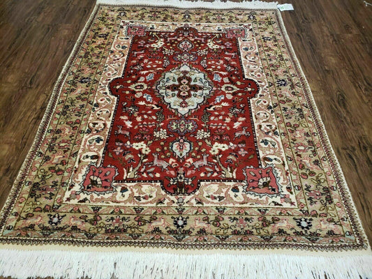 5' X 6' Vintage Handmade Indian Agra Wool Red and Beige Oriental Rug Traditional Classical Interior Home Décor