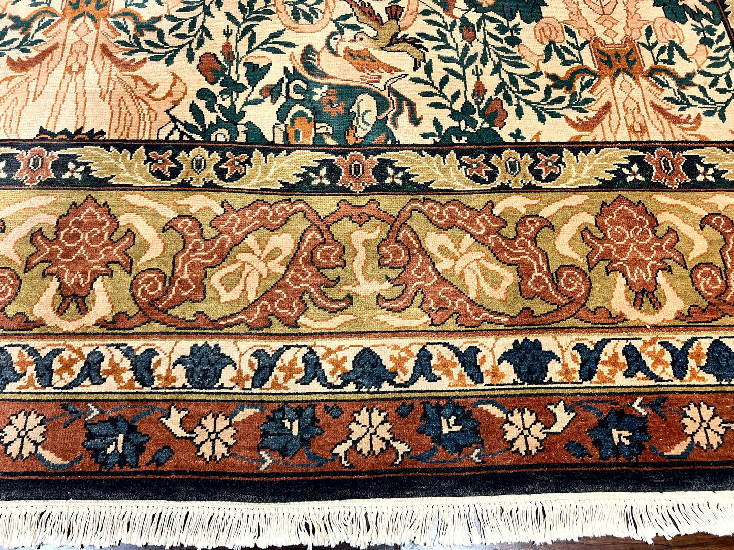 10x13 Wool Rug, Floral Pattern, Birds, Handmade Vintage Carpet, Couristan Rug, Beige