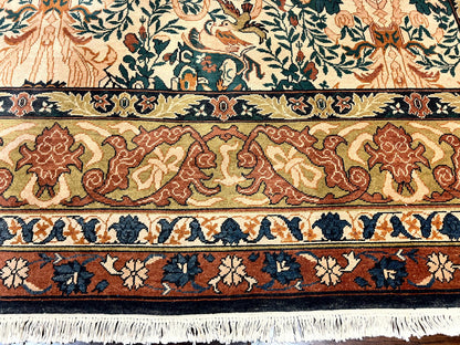 10x13 Wool Rug, Floral Pattern, Birds, Handmade Vintage Carpet, Couristan Rug, Beige