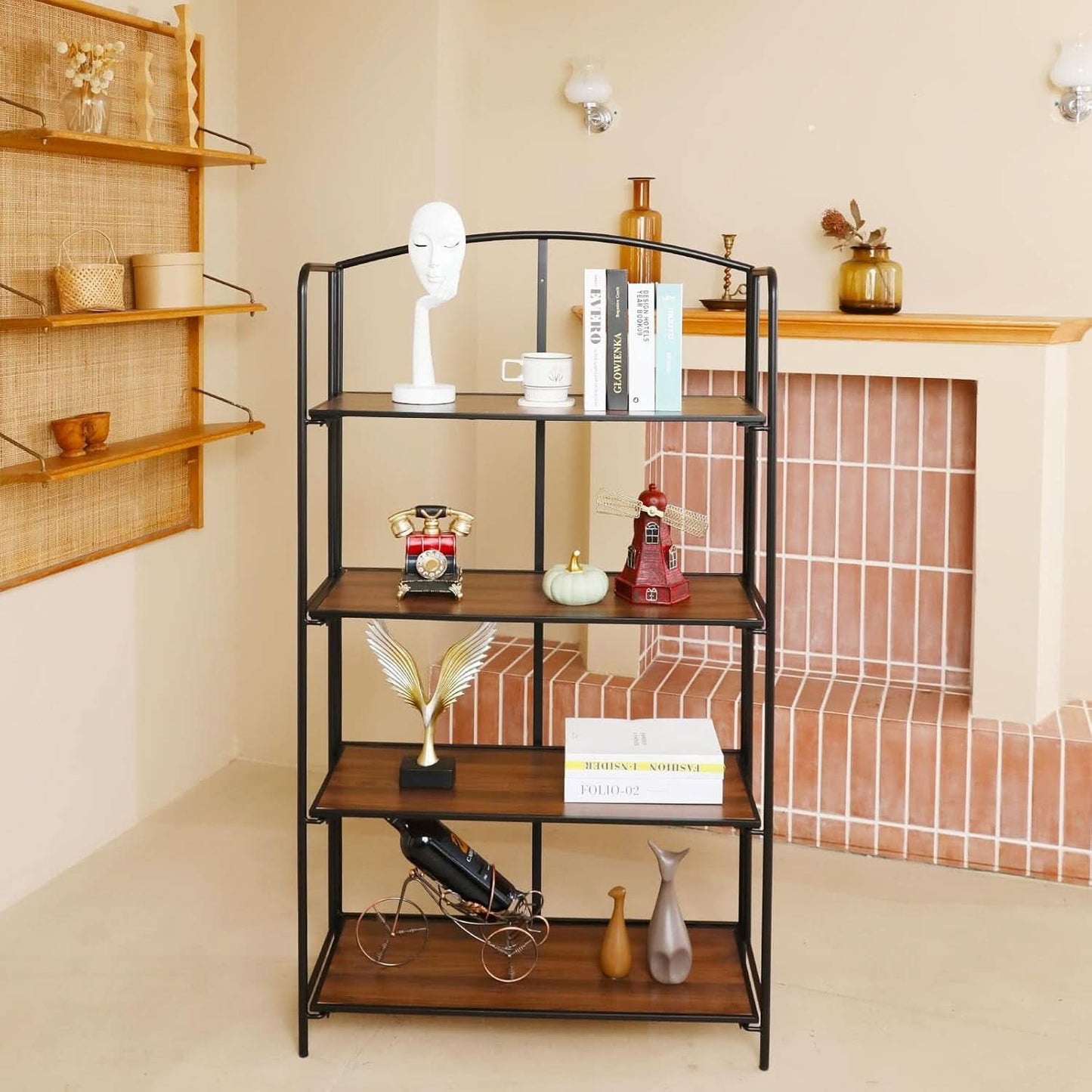 4 Tier Black Folding Bookshelf for Living Room Home Office