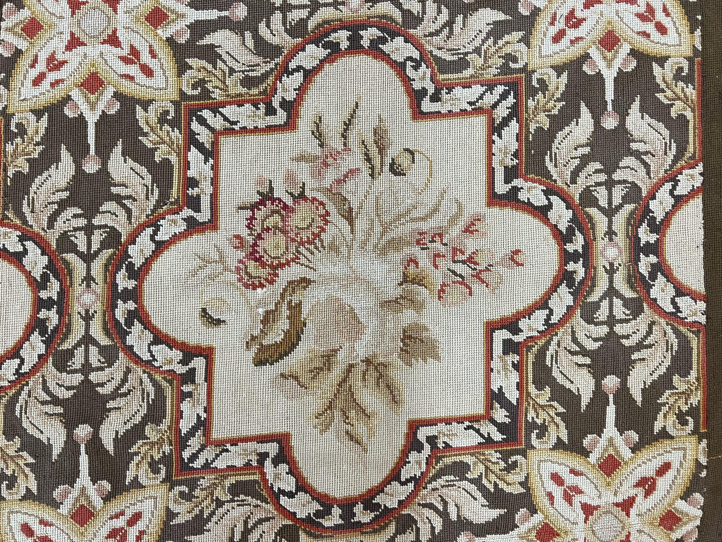 Needlepoint Runner Rug 2.8 x 9.8, Brown and Beige, Handwoven Handmade Floral French European Design, Vintage Flatweave 10ft Wool Runner Rug