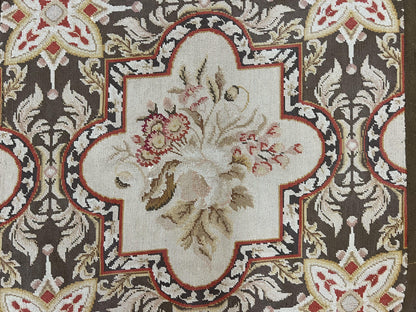 Needlepoint Runner Rug 2.8 x 9.8, Brown and Beige, Handwoven Handmade Floral French European Design, Vintage Flatweave 10ft Wool Runner Rug