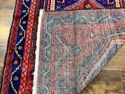Persian Tribal Rug 5x7, Wool Handmade Vintage Hamadan Nahavand Carpet, Red & Navy Blue, Animal Motifs, Geometric Oriental Rug 5 x 7