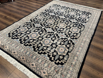 Turkoman Bokhara Rug 6x9, Pakistani Carpet, Black, Hand Knotted