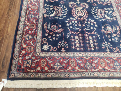 Dark Blue Indo Persian Rug 4x6, Medium Size Hand Knotted Oriental Carpet, Traditional Floral Indian Rug, Blue and Red Entryway Rug, Wool Rug