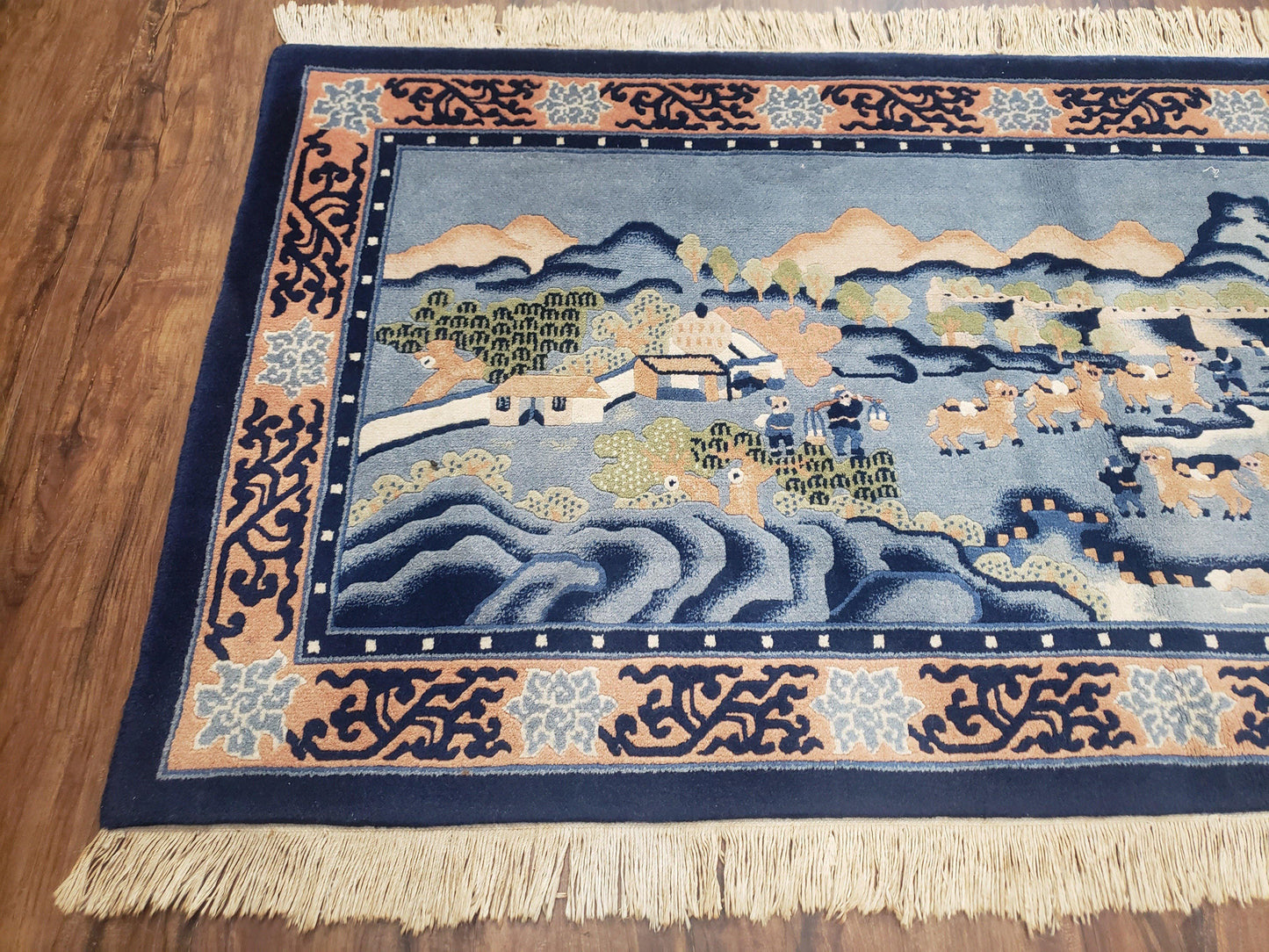 Vintage Chinese Pictorial Rug 2'4" x 4' 7", Chinese Village, Wool Hand-Knotted Blue & Teal Fine Carpet, Tapestry Rug, Woven Wall Art