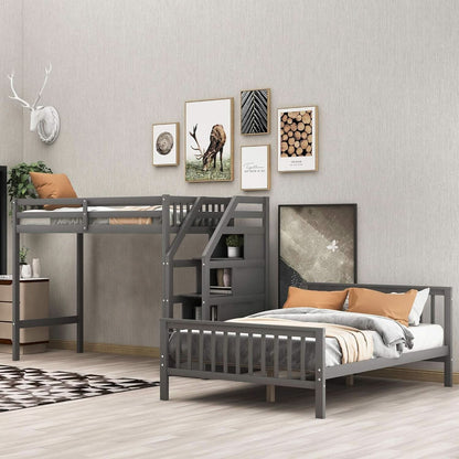 Gray Twin Over Full Bunk Bed With Storage Stairs Solid Wood