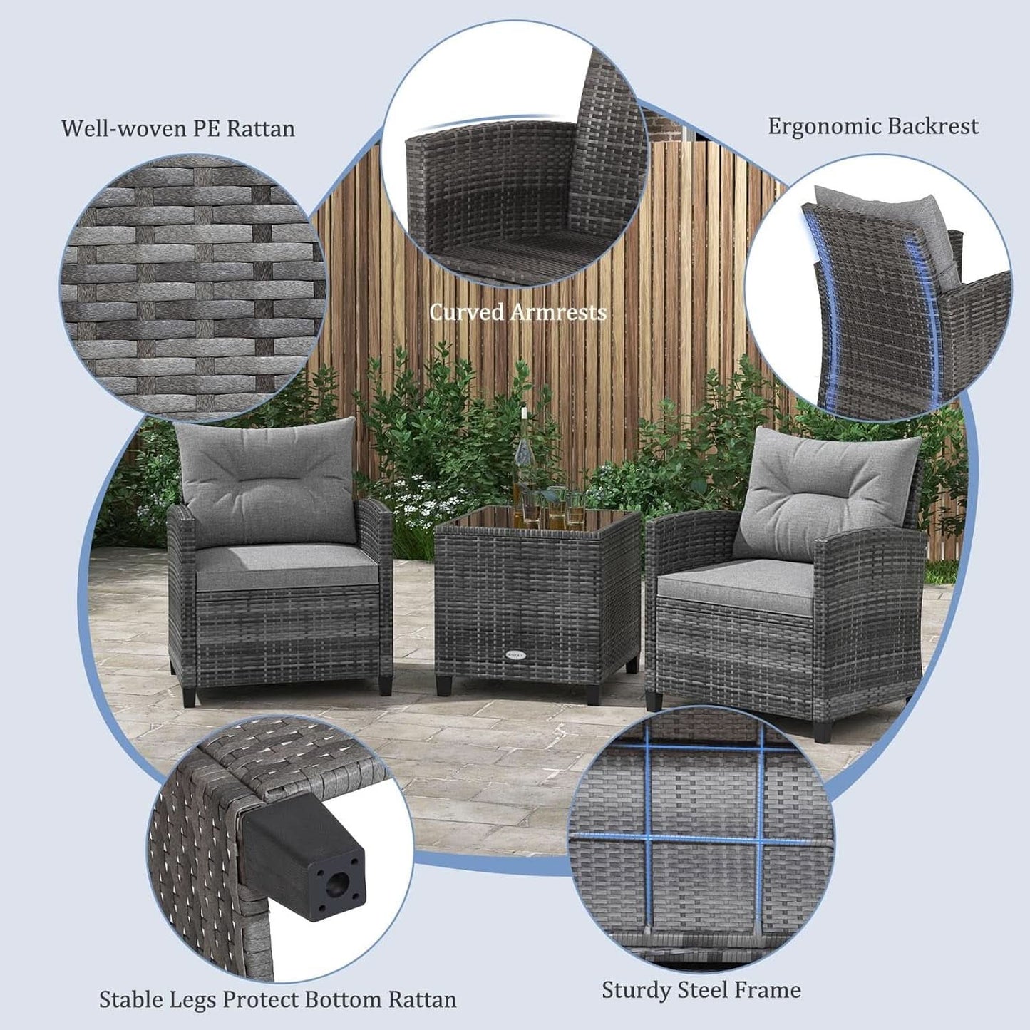 3 Piece Patio Furniture Set Outdoor PE Rattan Conversation Set With Washable Cushions And Tempered Glass Table Grey