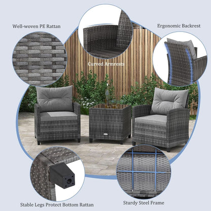 3 Piece Patio Furniture Set Outdoor PE Rattan Conversation Set With Washable Cushions And Tempered Glass Table Grey