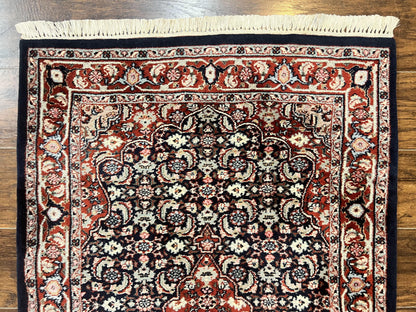 Indo Persian Rug 3x4, Herati Allover Pattern, Midnight Blue and Red, Small Vintage Handmade Wool Rug