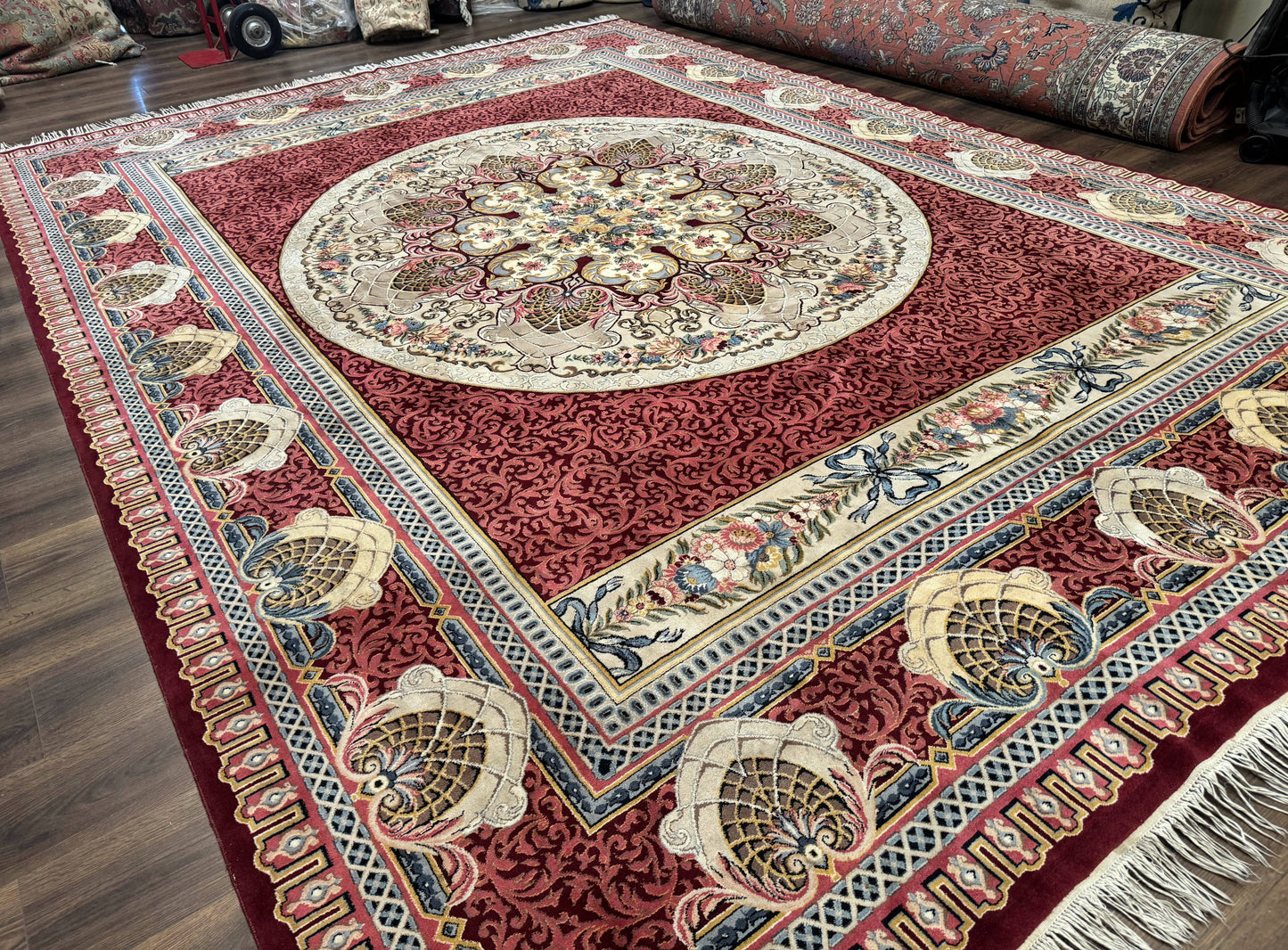 Wonderful Aubusson Rug 10x14, Red Maroon, Elegant, Fine 200 KPSI