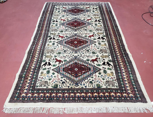 Vintage Indo Persian Area Rug 4.7 x 7.6, Wool Hand-Knotted Ivory Carpet, Animal Pictorials, Elephants Horses Lions, Indian Carpet, Unique