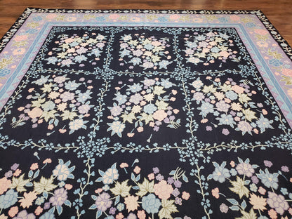 Chinese Needlepoint Rug 8 x 11.4, Hand-Woven Area Carpet, Flatweave Rug, Black Blue Light Violet Floral Garden European Design Wool Aubusson