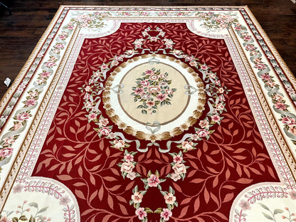 Wonderful Aubusson Rug 9x12, Handmade Vintage Needlepoint Carpet, Red and Ivory, Elegant European Design, Wool