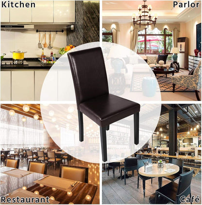Set Of 4 Dark Brown PU Leather Dining Chairs With Wood Legs