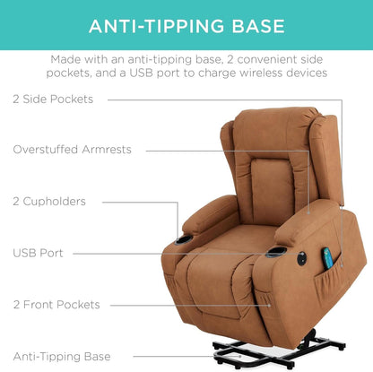 Cognac PU Leather Power Lift Recliner With Massage And Heat