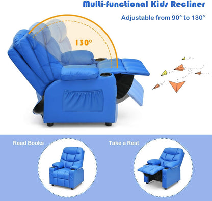Blue Kids Recliner Chair With Cup Holder And Footrest