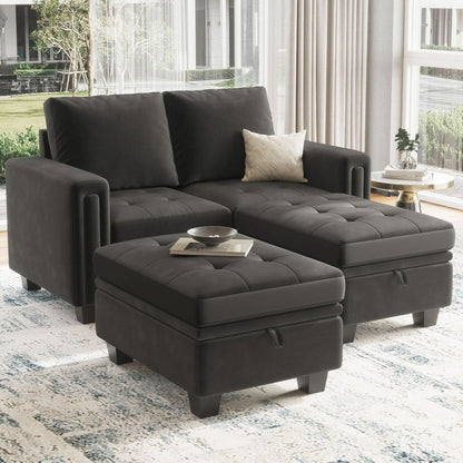 Grey Velvet Modular Sectional Sofa With Storage And Sleeper