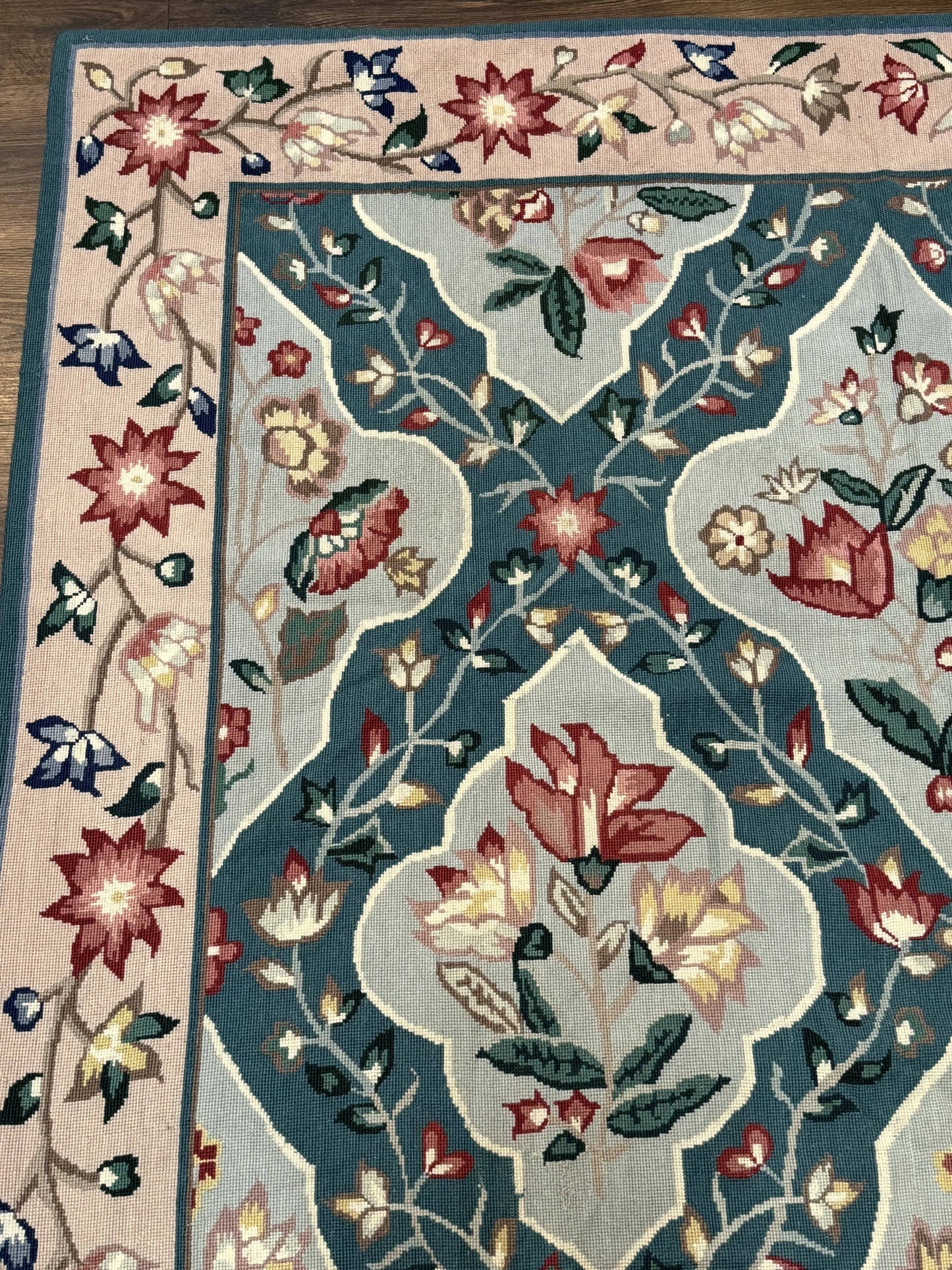 Teal Needlepoint Rug 6x9, Panel Design, Floral Bouquets, Handmade