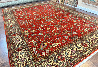 Romanian Rug 10x13, Vintage Handmade Wool Carpet, Floral Pattern, Birds, Red and Cream, Signed By Masterweaver, Persian Rug