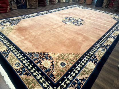 Chinese Wool Rug 11x18, Palace Sized Chinese Carpet, Peking Rug, Peach and Blue, Open Field, Simple Design, Art Deco Rug, Large Handmade Rug