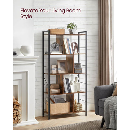 5 Tier Bookshelf Rustic Brown And Black Metal Frame