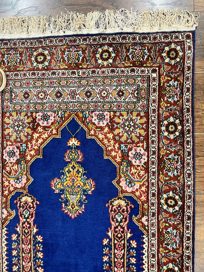 Indo Persian Prayer Rug 3x5, Fine Oriental Carpet, Dark Blue and Red, Vintage Hand Knotted Handmade Prayer Rug