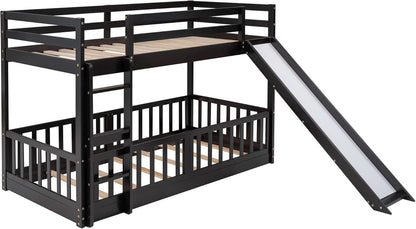 Twin Over Twin Floor Bunk Bed With Slide And Ladder