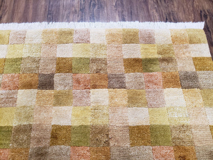 4x6 Tibetan Rug, Modern Abstract Handmade Area Rug, Checkerboard Pattern, Neutral Ivory Gold Tan Colors, Soft Pile, Mid Sized Rug, Nepali