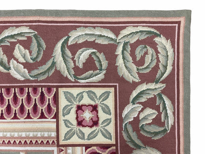 Traditional Aubusson Needlepoint Rug 9 x 12, Flowers, Flatweave Carpet, Hand-Knotted, Brand New, Cream Color, Green, Maroon Red, Wool