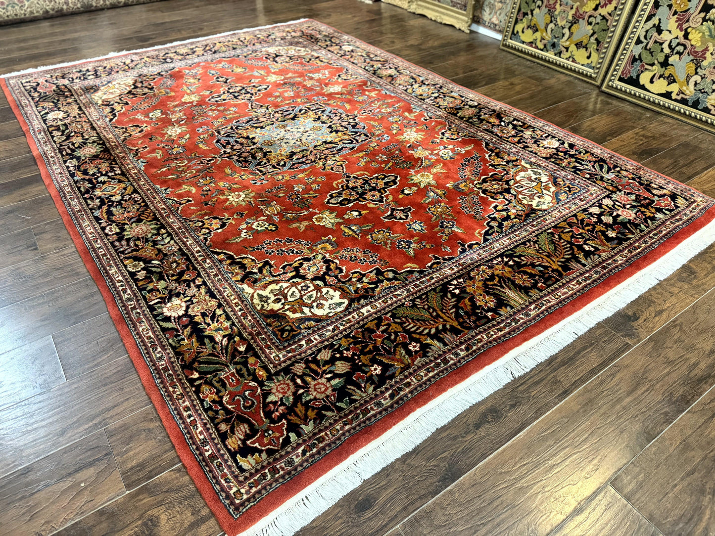 Indo Persian Rug 7x10, Vintage Handmade Wool Carpet, Floral Medallion Traditional Rug, Red and Midnight Blue