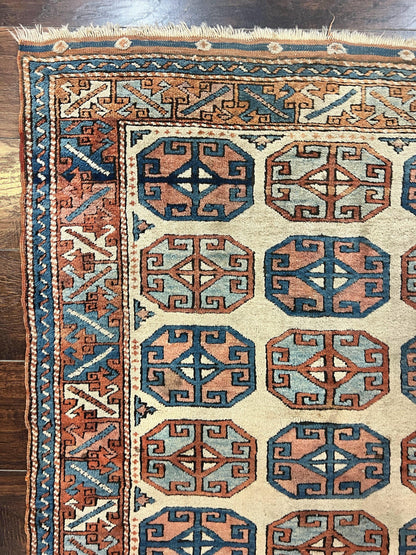 Turkish Kazak Rug 3x4, Wool Hand Knotted Handmade Vintage Carpet, Geometric Tribal Repeated Motif, Small 3 x 4 Antique Rug, Cream Red